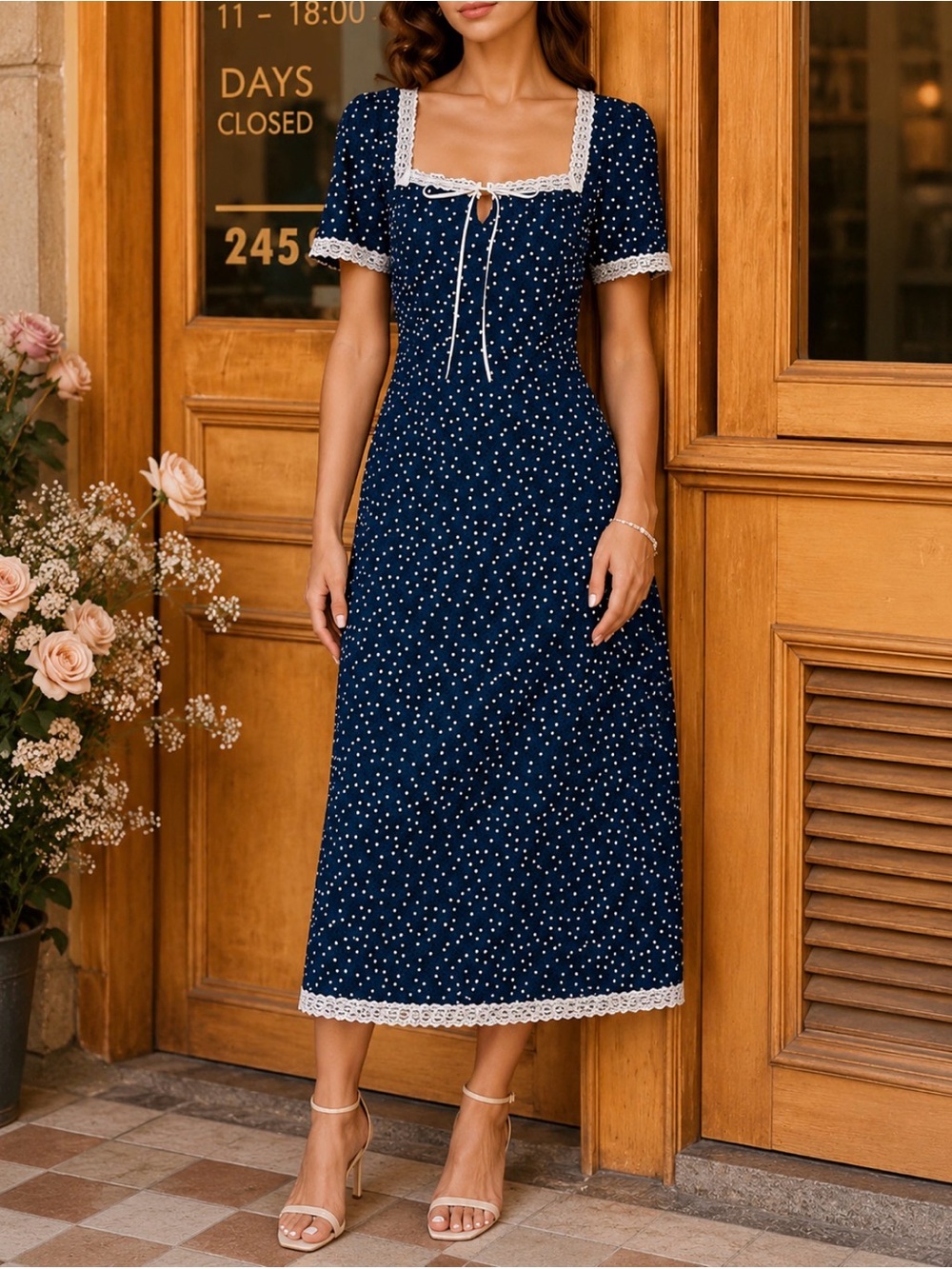 RIHOAS Women’s Navy Polka Dot Midi Dress - Cottagecore Retro Charm - Picture 1 of 10